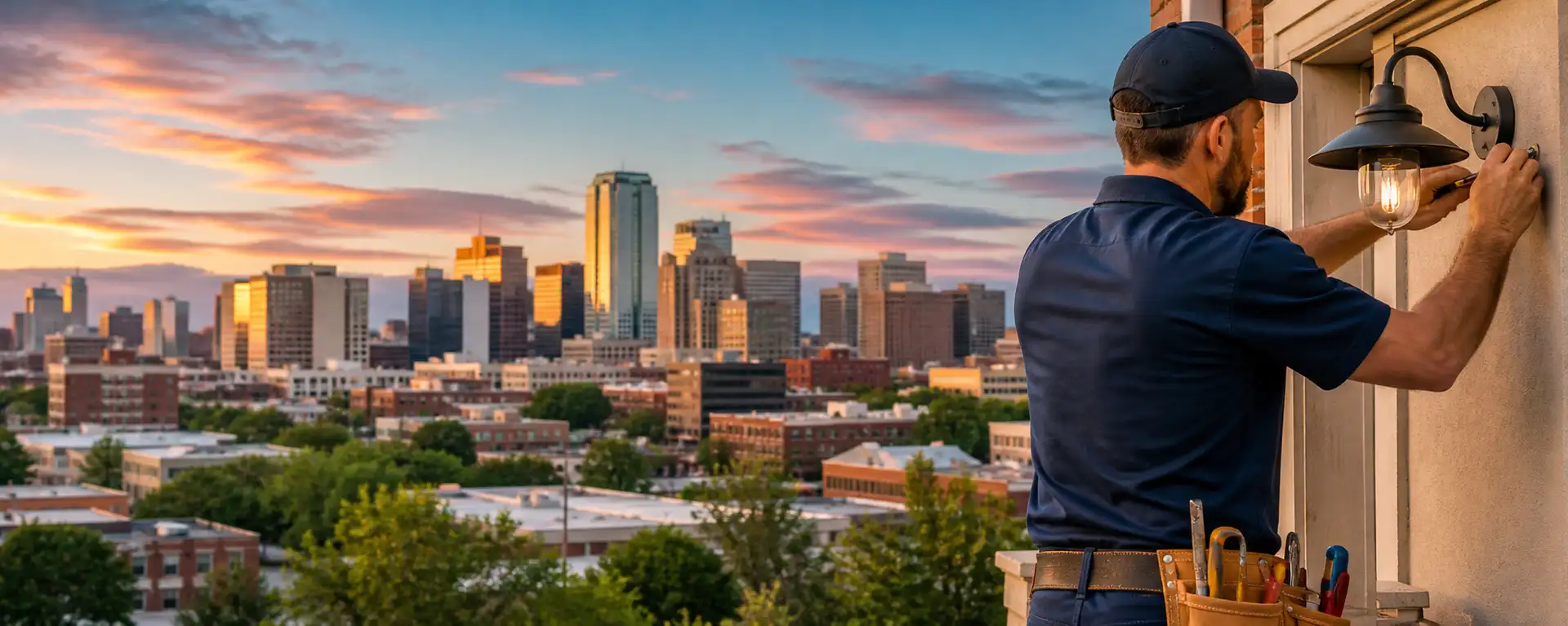 A city skyline with a tall building at sunset